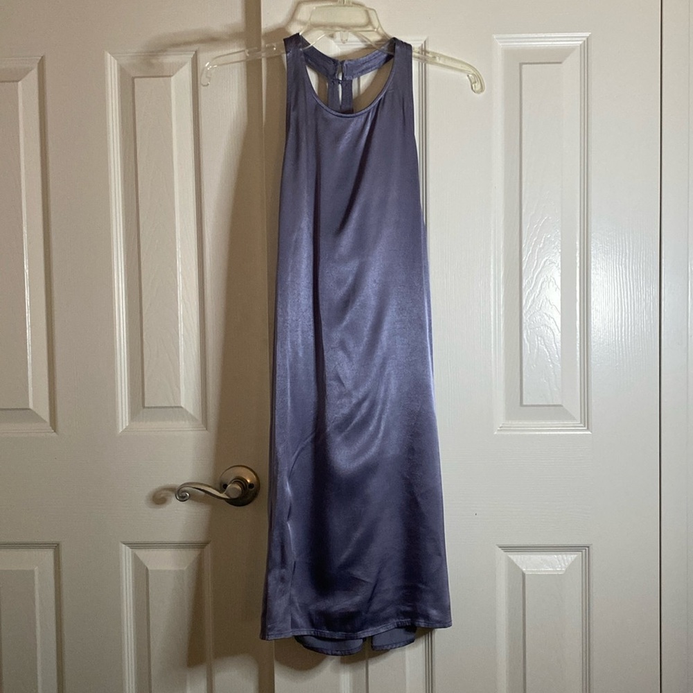 Cute lavender trapeze satin dress.